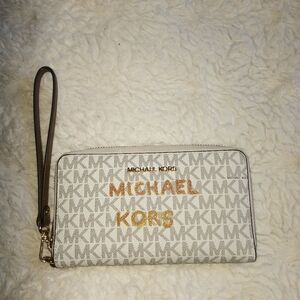 Michael Kors Cream and Gold Clutch with Monogram Design